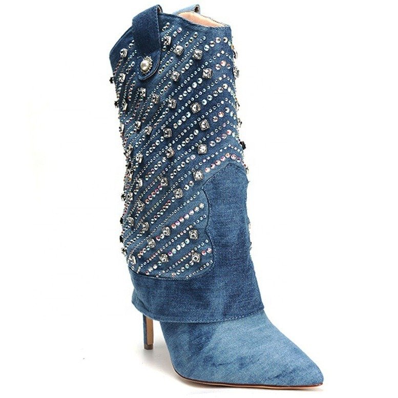 Heavy Industry Pointed Toe Stiletto Rhinestone Women's Boots Jeans Pipe Boots | ShopDecimals