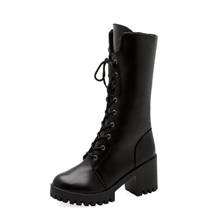 Thick Bottom Increased By Lace-up Booties All-match Middle Tube Motorcycle Boots | ShopDecimals