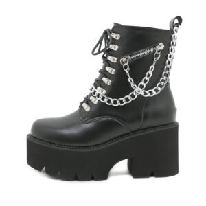 Shopdecimals Women's Black Mid‑Calf Boots – Lightweight 0.94 kg, Chunky Heel & Metal Chain Details for Bold Western Style