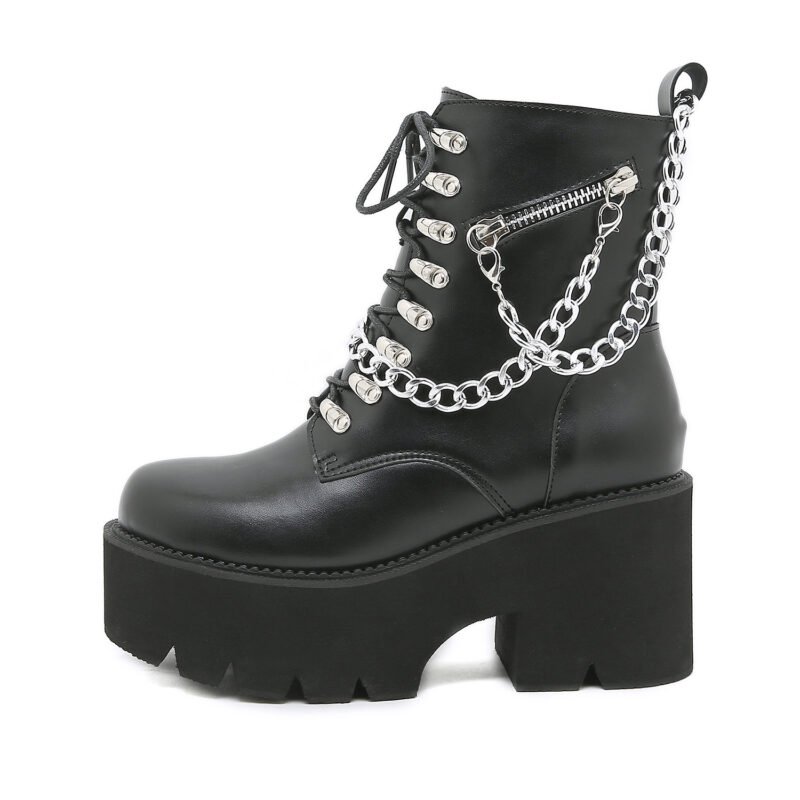 Shopdecimals Women's Black Mid‑Calf Boots – Lightweight 0.94 kg, Chunky Heel & Metal Chain Details for Bold Western Style