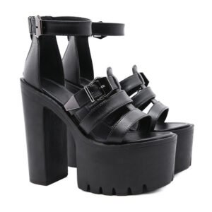 Stabilized High Heel Sandals for Women – Adjustable Buckle, Black Patent Leather, Size 35‑42 – Brand