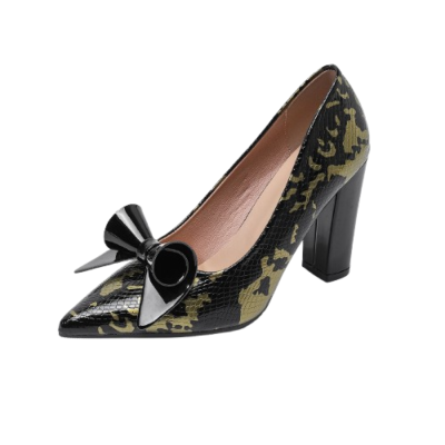 Pointed-toe Low-cut Floral Women's Pumps With A Bow And Chunky Heel | ShopDecimals